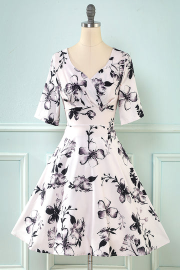 V Pescoço Meia Mangas Branco Estampado Vestido Vintage